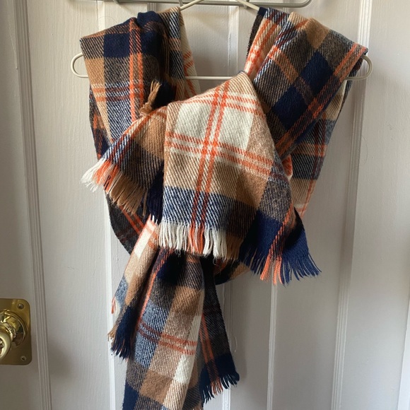 Brown Orange and Navy Blue Plaid Winter Scarf - Picture 3 of 4